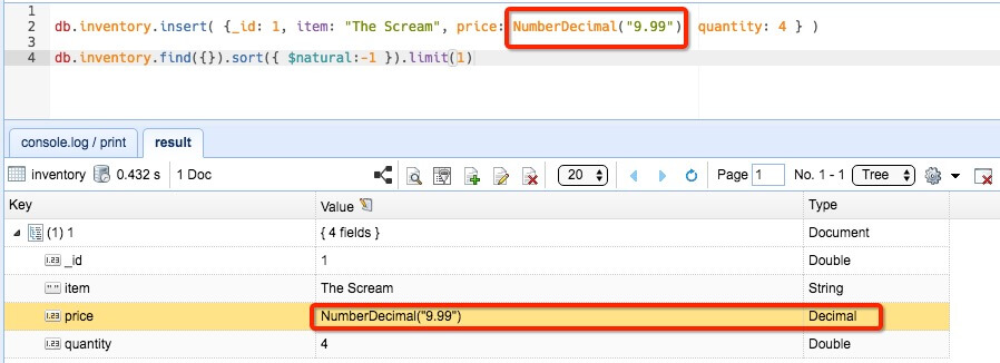 MongoDb decimalType