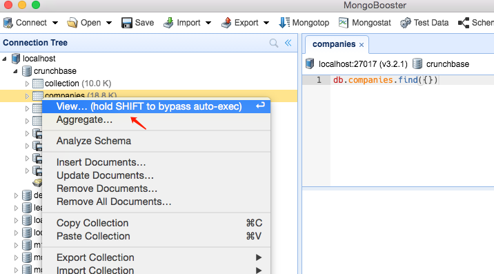 MongoBooster Hold Shift bypass auto-exec