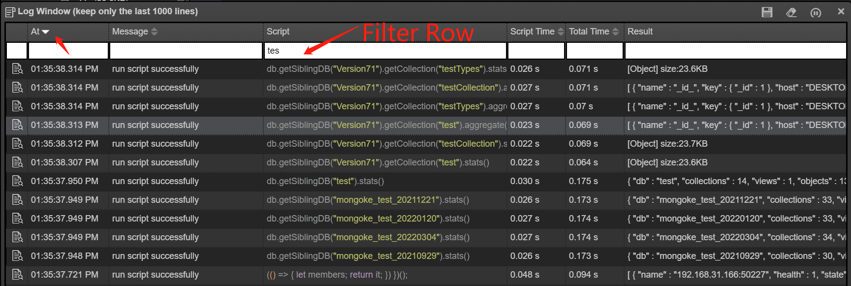 Log Window with Filter Row