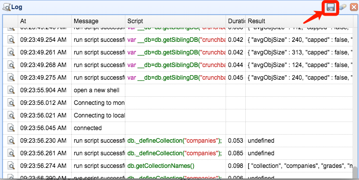 MongoBooster Shell log save button