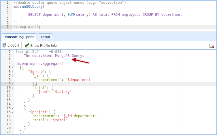 Query MongoDB with SQL Console Tab