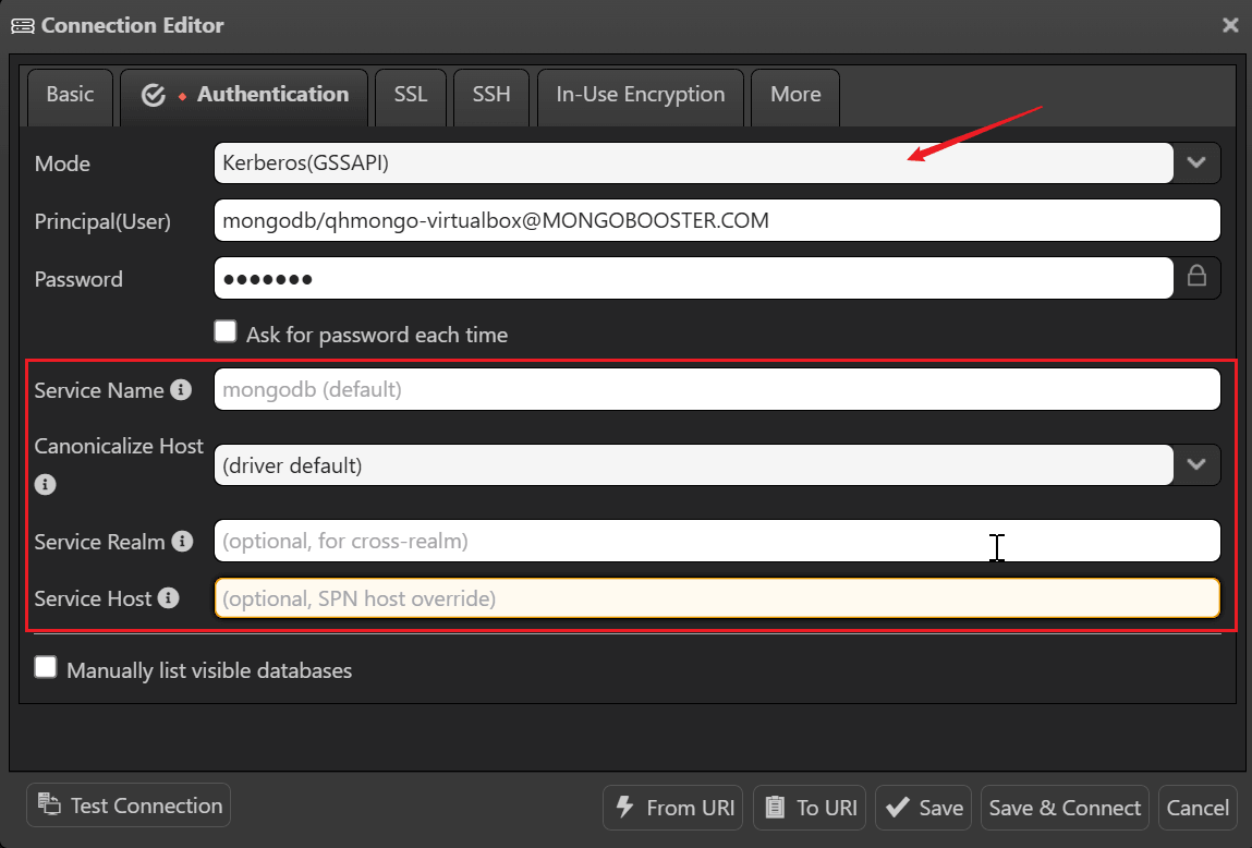 Kerberos connection options